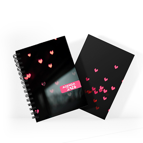 Agenda 2026 tamanho 15x21cm com capa dura em papel empastada com cartão e debrú laminação Prolan, lombada quadrada ou wire-o e miolo pronto